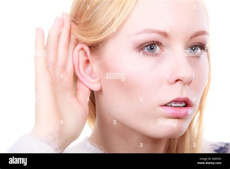 Rumors Gossip And Gestures Concept Blonde Woman Listening Carefully