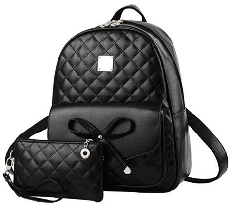 Girls Bowknot 2 Piece Fashion Backpack Cute Mini Leather Backpack Purse For Women Black