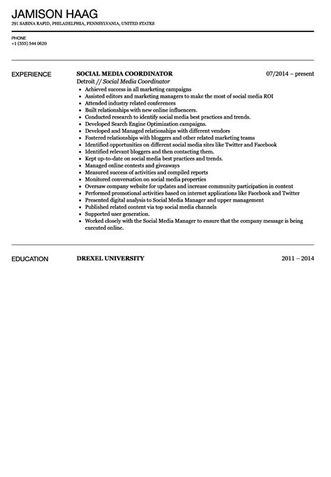 Here is an example of a social media resume sample demonstrating an ideal social. Social Media Coordinator Resume Sample | Velvet Jobs