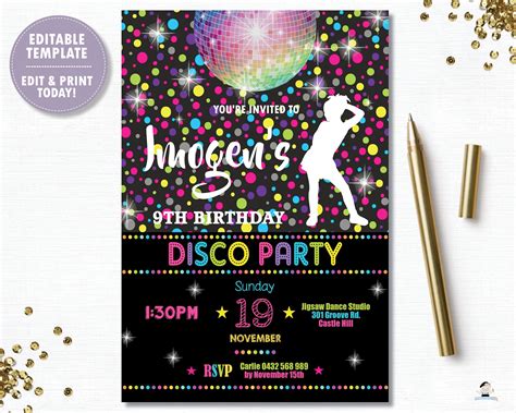Disco Party Invitation Editable Template Dance Birthday Etsy