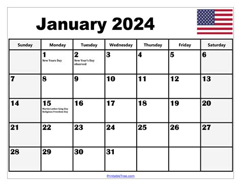 2024 January Calendar With Holidays Printable Free Monthly 2024