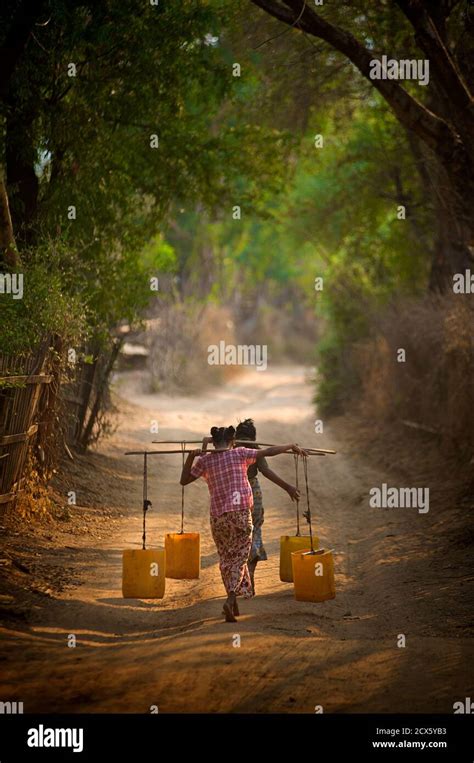 Burmese Women Carrying Water Home To Their Village Between Mount Popa