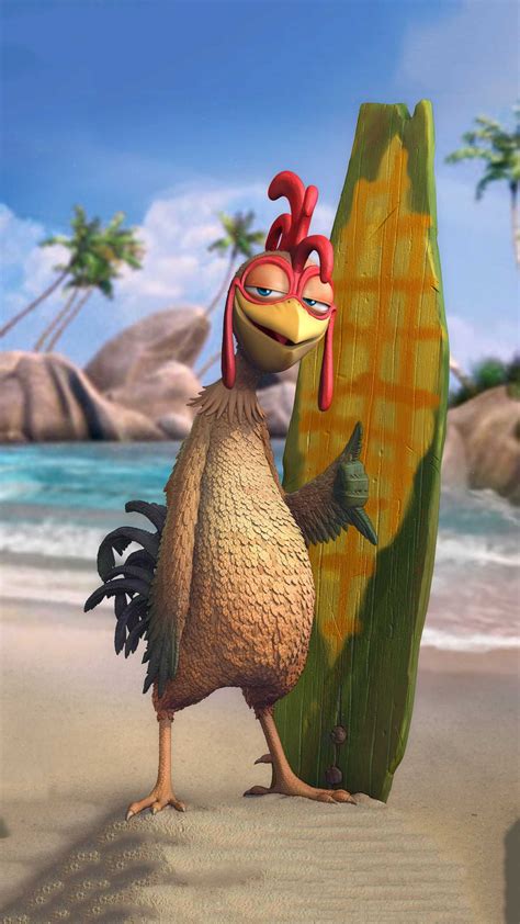 A Cartoon Chicken Standing Next To A Surfboard On The Beach With Palm