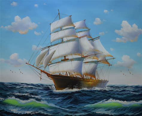 Hand Painted Modern Art Painting Sailing Ship Over Wavng