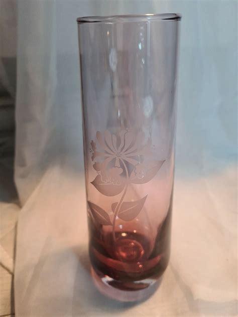Vintage Caithness Art Glass Amber And Purple Vase With Etched