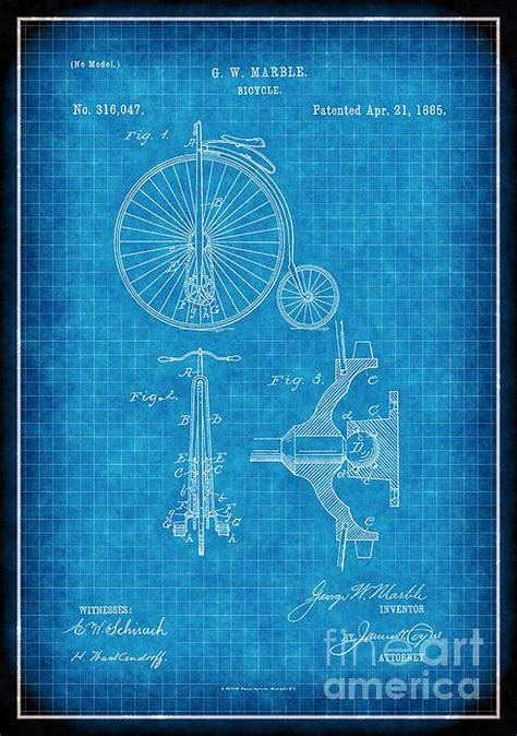 1885 Bicycle Patent Drawing No 316047 White Lines On Blue