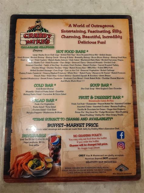 Menu at Crabby Mike's pub & bar, Surfside Beach