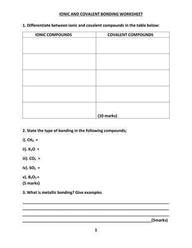 Ionic And Covalent Bonding Worksheet With Answers Teaching Resources