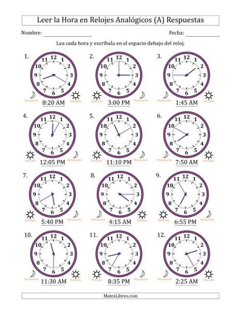Leer La Hora En Relojes Analógicos De 12 Horas En Intervalos De 5 Minuto 12 Relojes A
