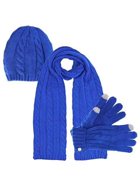 Luxury Divas Cable Knit 3 Piece Beanie Hat Texting Gloves And Matching