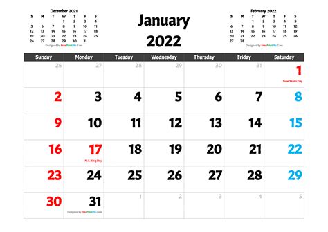 Free Printable January 2022 Calendar With Holidays