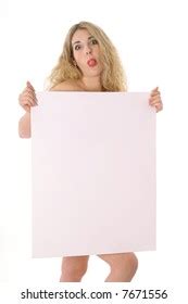 Surprised Naked Blonde Holding Blank Sign Stock Photo 7671556