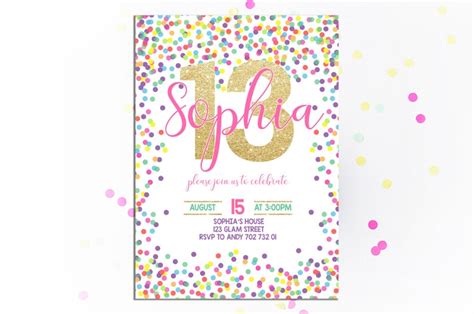 13th birthday invitation girl birthday invite confetti etsy