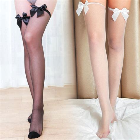 Buy Sexy Women Stockings Black White Bow Stay Up Thigh High Stockings Ladies Bowknot Hosiery