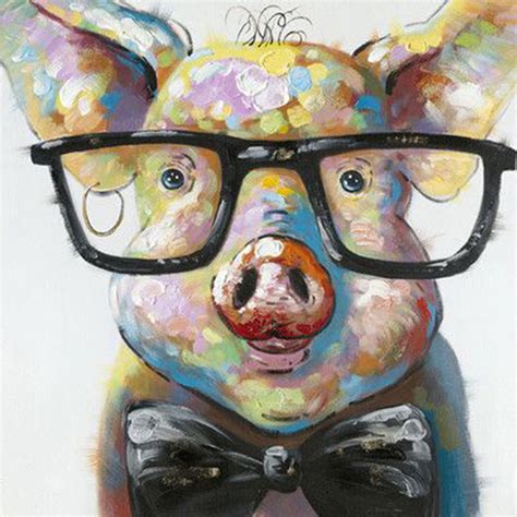 Hand Painted Moes Home Collection Smart Pig Animal Abstract Oil