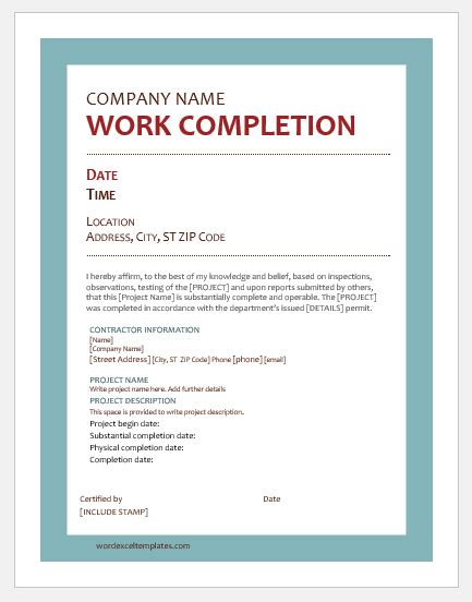 work completion certificates  ms word word