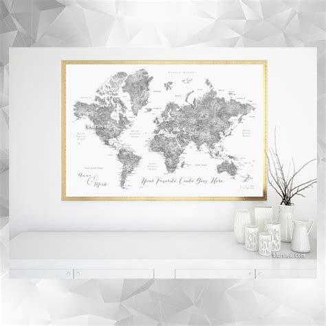 Custom Map Print World Map With Cities In Grayscale Watercolor Jimmy