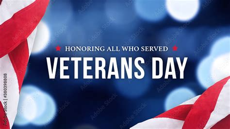 Happy Veterans Day Holiday Celebration Text With Blue Blurred Bokeh