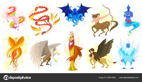 Mythical Creatures And Fairytale Animals Set Of Isolated Cartoon
