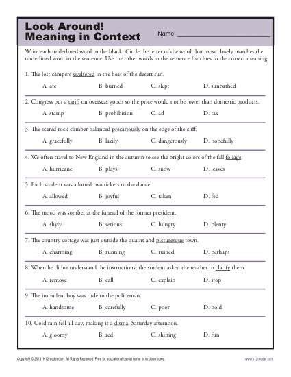 Vocabulary Context Clues Worksheet
