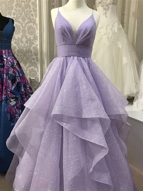 Shiny V Neck Puffy Long Purple Prom Dresses V Neck Purle Formal