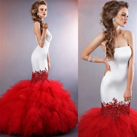 Hot Sale Red Mermaid Wedding Dresses 2017 Strapless Long Lace Appliques