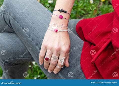 Forearms Detail Image With Bracelets In Hands Woman Fingers Stock Image