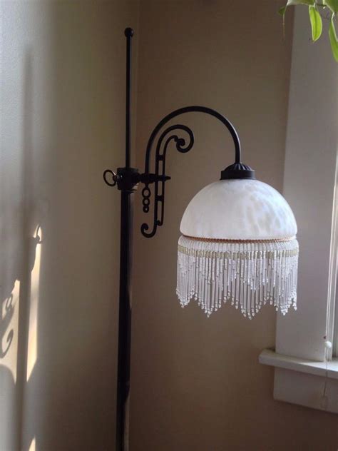 Victorian Style Floor Lamp Beaded Fringe White Mottled Glass Shade