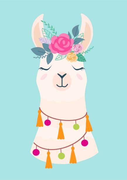 Vector Illustration Of Cute Cartoon Llama With Flowers Stylish