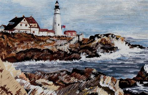 Maine Coast With Lighthouse Painting Maine Coast Art