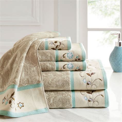 Floral Serenity Khaki And Pastel Blue 6 Pc Bath Towel Set