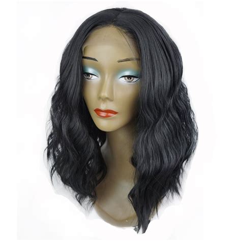 2018 Long Center Part Shaggy Wavy Lace Front Synthetic Wig In Black