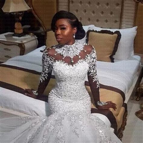 2019 African Nigerian Beaded Sheer Long Sleeves Mermaid Wedding Dress Custom Made Bridal Gowns