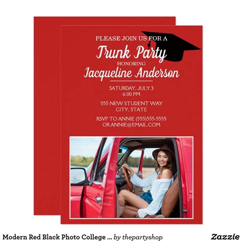modern red black photo college trunk party invitation trunk party trunk party