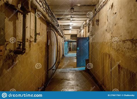 Abstract Dark Corridor Of Military Bunker Interior Grungy Old