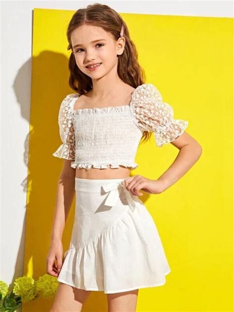 Girls Embroidered Mesh Puff Sleeve Shirred Top And Skirt Set