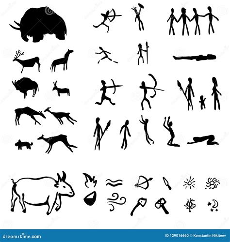 Vector Set Of Black Cave Drawings Illustrations On White Background