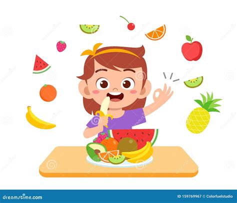 Cute Happy Kid Eat Salad Vegetable Fruits Stock Illustration