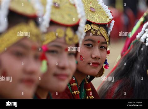 Girls From Ethnic Gurung Community In A Traditional Attire Pose For The