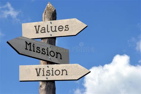 Values Mission Vision Wooden Signpost With Three Arrows Stock Photo