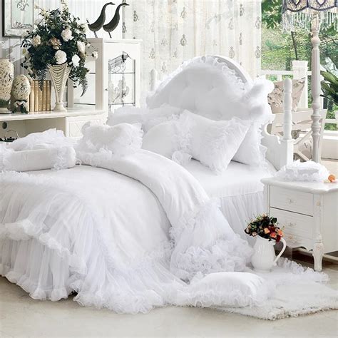 Luxury White Falbala Ruffle Lace Bedding Set Twin Queen King Size