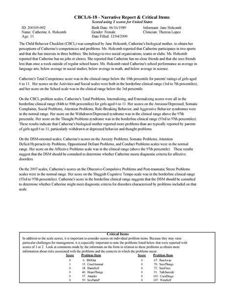 Sample cbcl narrative - Apuntes 2 - ID: 200105- Name: Catherine A