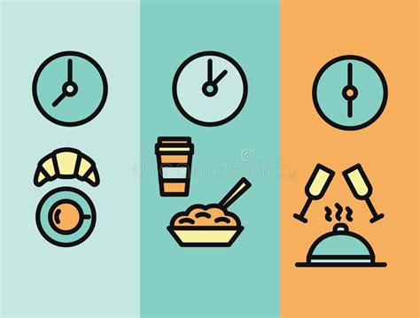 Fast food tasty yammy breakfast dinner lunch meal set. Lunch time clock. stock vector. Illustration of analog - 34340977
