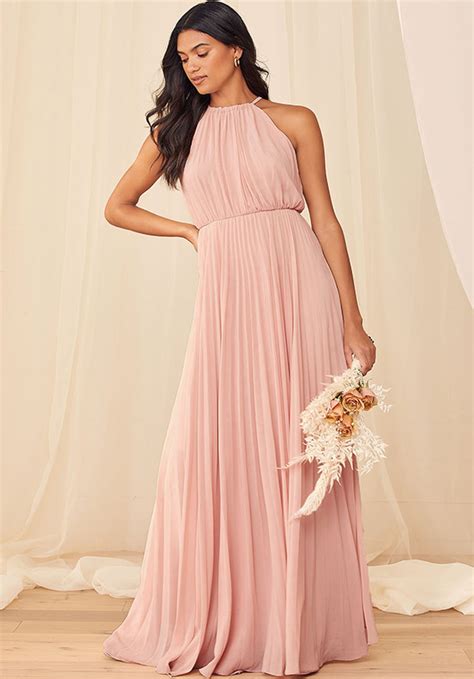 True Adoration Blush Sleeveless Pleated Maxi Dress A Line Bridesmaid