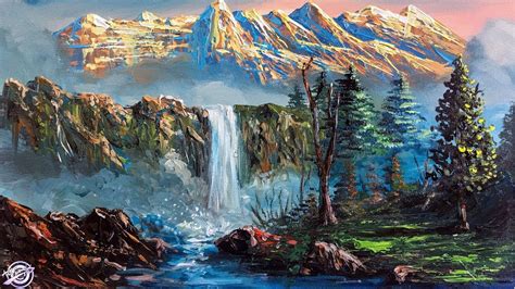 Golden Mountain And Waterfall Painting Beautiful Acrylic Landscape