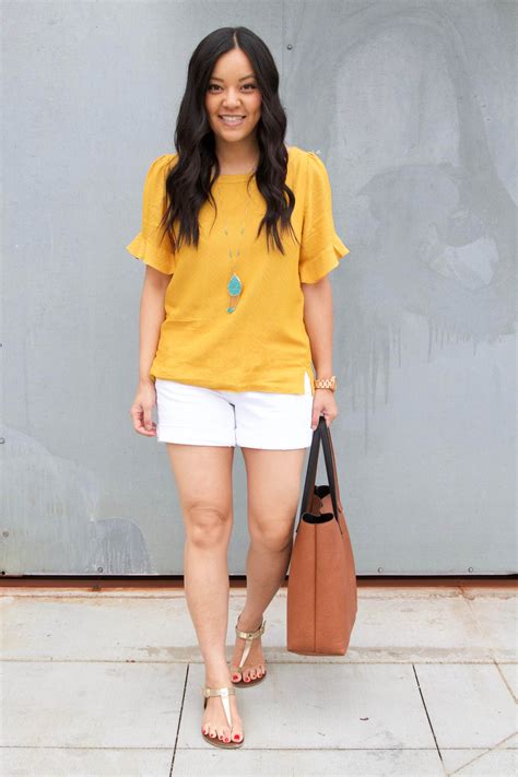 Marigold Blouse White Shorts Turquoise Jewelry Gold Sandals
