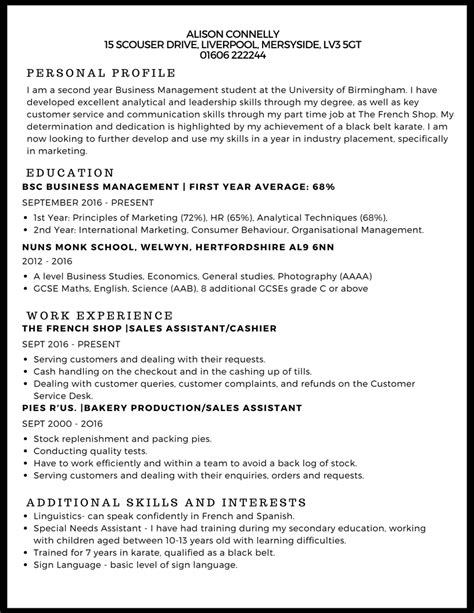 This cv includes employment history, education, competencies, awards, skills, and personal interests. CV Example | StudentJob IE