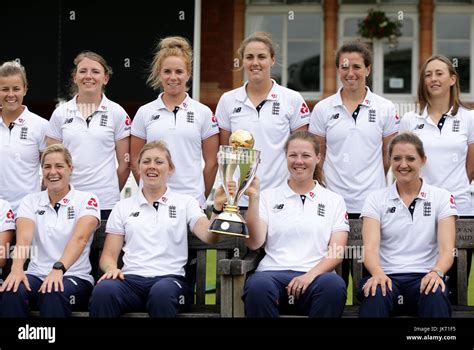 The England Women Cricket Team Pose With The World Cup Trophy During A Media Call At Lords