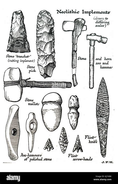 Grabado Representando Neolítico Implementa Incluyendo Una Piedra