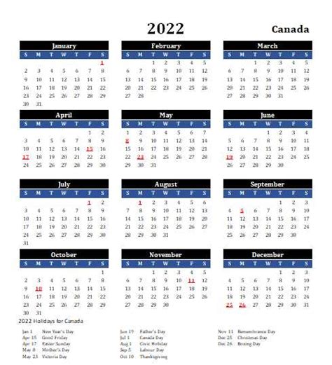 2022 Canada Calendar With Holidays